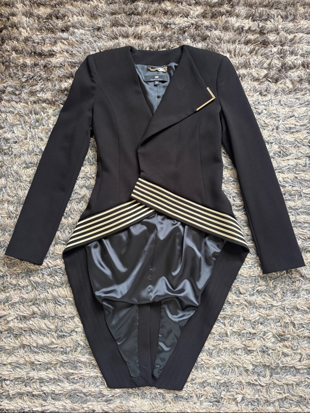 Elisabetta Franchi Black Tailored Tailcoat Blazer Gold Striped Waist Jacket 40